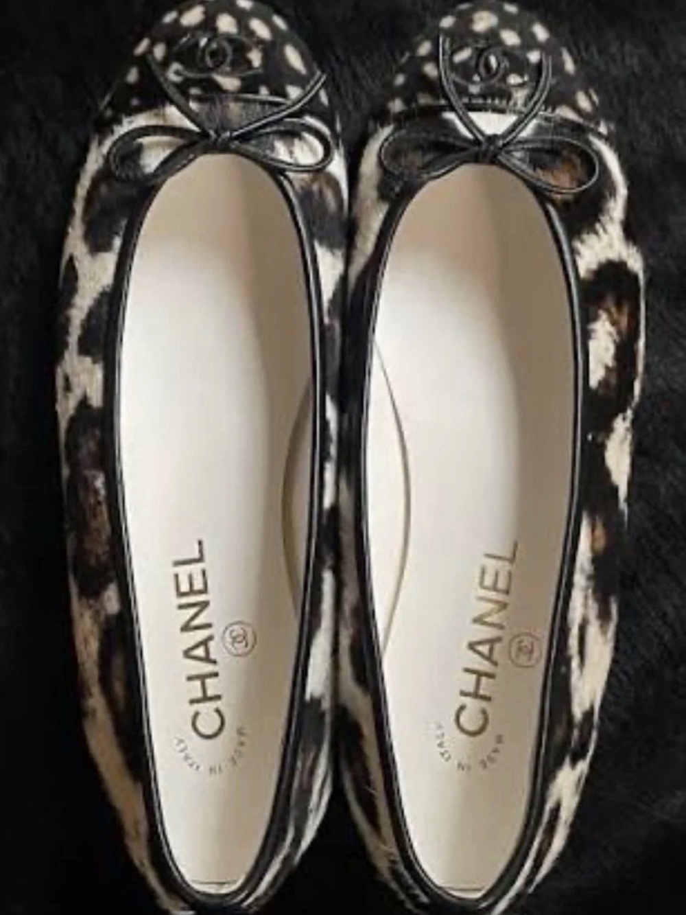 CHANEL Leopard Calf Hair Ballet Flats in Black and Beige